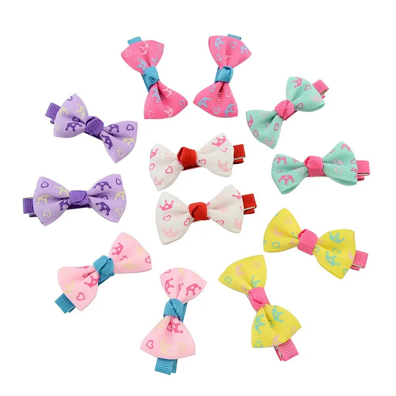 2pcs/lot Girls Kids Hair Accessories Dot/ Flower Print Ribbon Bows Mini Sweet Bow Hairpins Boutiqie Handmade Clip |