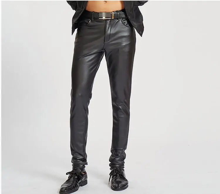Black fashion motorcycle faux leather pants mens feet pants casual Tight pu trousers for men pantalon homme spring autumn