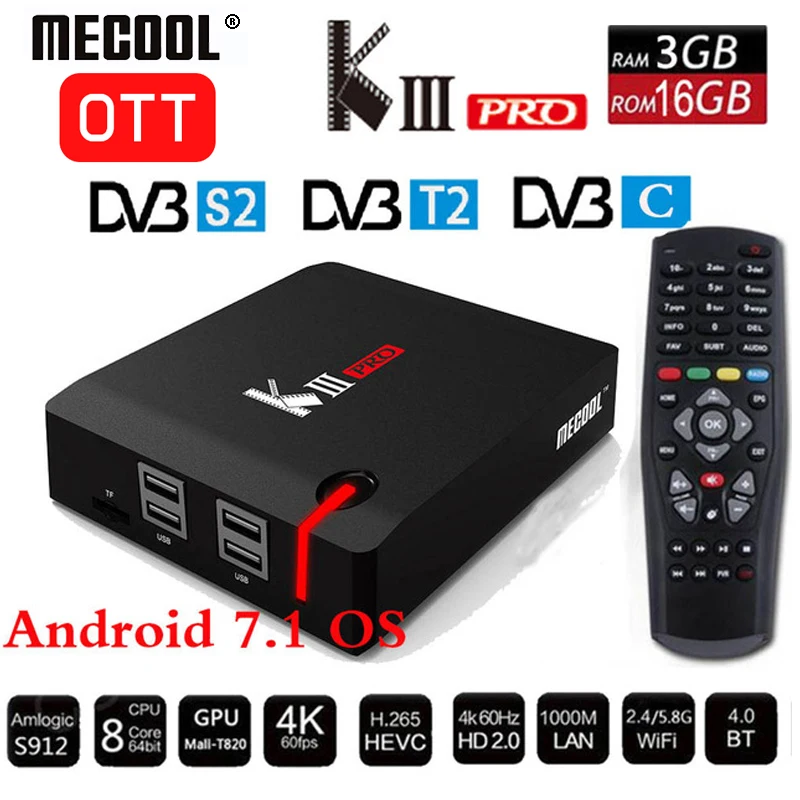 MECOOL KIII PRO DVB-S2 DVB-T2 DVB-C декодер Кода Android 7,1 ТВ коробка 3 Гб оперативной памяти, 16 Гб встроенной памяти, K3 Pro Amlogic S912 Octa Core 64bit 4K комбинированный набор компьютерной приставки к телевизору