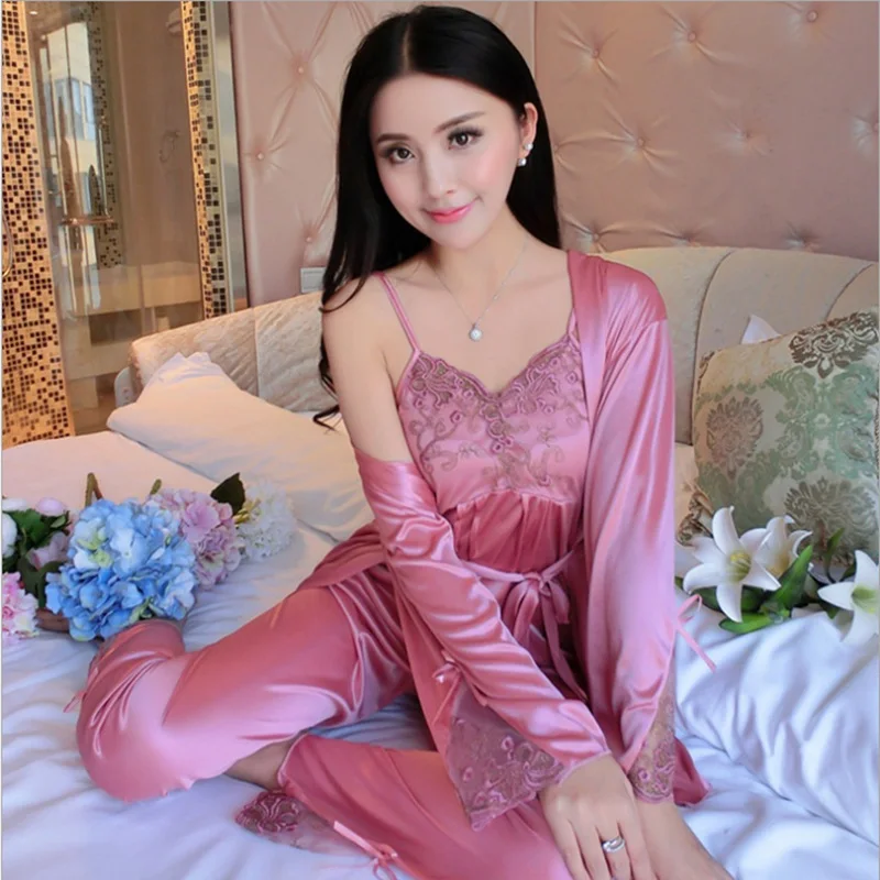 Летняя Домашняя одежда для сна Атлас Для женщин Элегантный 3 шт пижамы женские