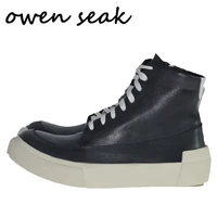 owen seak men shoes genuine leather high top zip ankle luxury trainers spring boots casual lace up flats black shoes