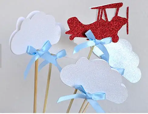 

Блестящие топперы для капкейков с самолетом и облаками, украшение для волшевечерние, медиаторы для дня рождения, свадьбы, baby shower