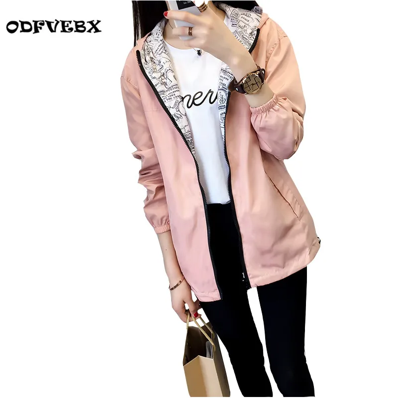 

Boutique 2020 new windbreaker jacket female spring autumn Zipper pocket with cap both sides wear loose print coat women ODFVEBX