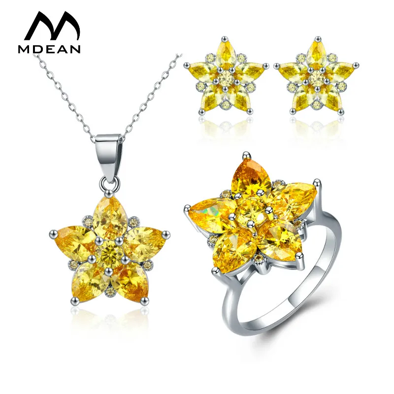 Набор ювелирных изделий для свадьбы из белого золота MDEAN с желтыми цирконами AAA, включающий винтажные звездные кольца, серьги и ожерелье для женщин.