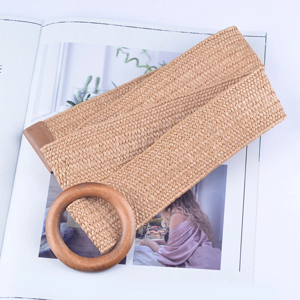 Round Wooden Buckle Belt Fashion Solid Color Braided Female Casual Elastic Straw Women's Wide Woven Belts For Women | Аксессуары для