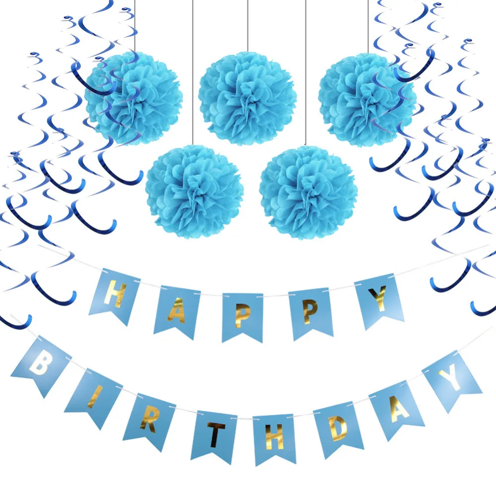 7 pcs/set Pink/Blue Paper Decorations for Girls/Boys Birthday Party Happy Banner Foil Swirls Pom Poms Decor | Дом и сад