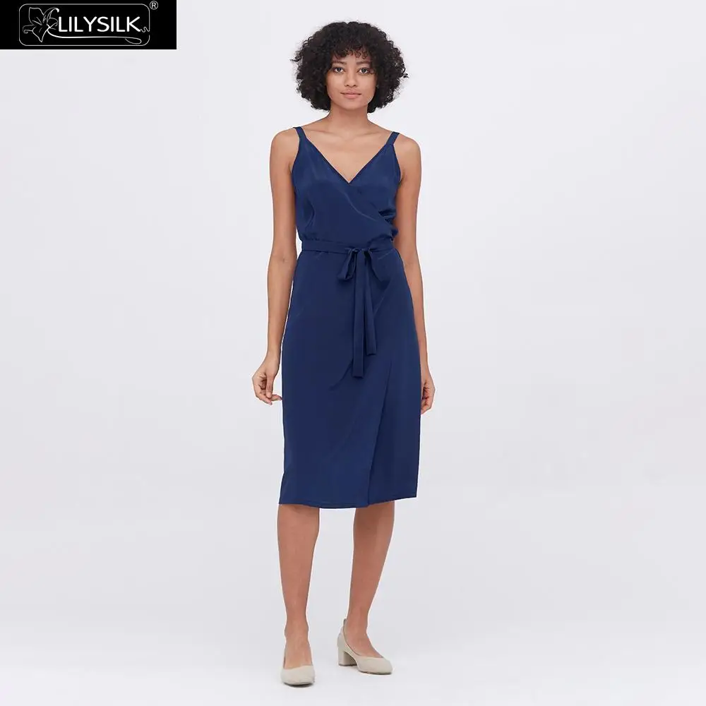 Dark blue LilySilk на пояске шелковое детское платье сексуальный модный камзол Обёрточная бумага женские; Новинка; - Цвет: Dark blue