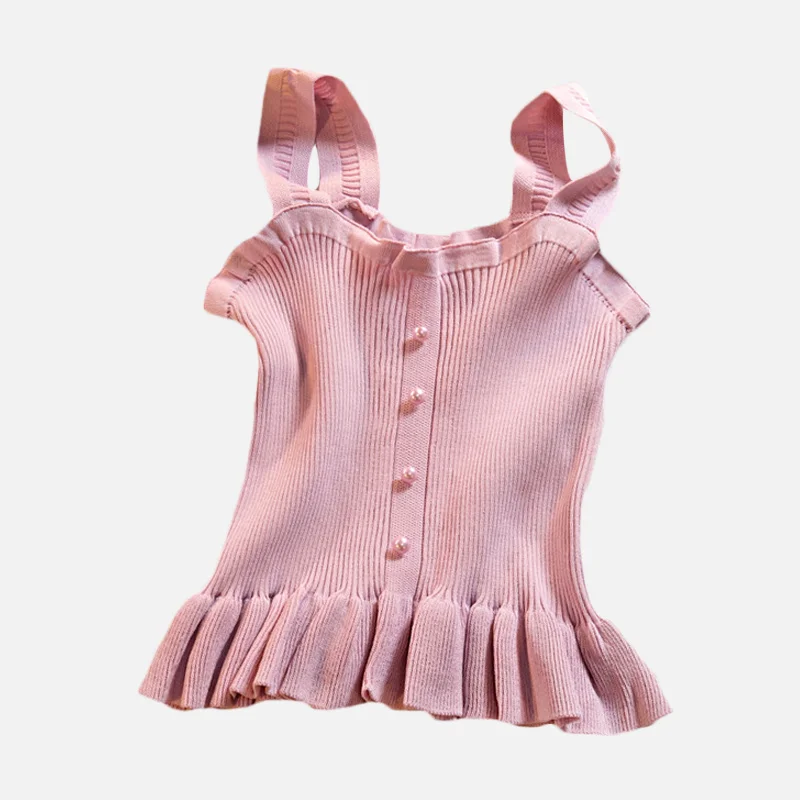 pink Плиссированная трикотажная женская комбинация на бретельках с оборками, эластичная Сексуальная Повседневная облегающая Милая женская майка для девочек, топы года, летний Модный укороченный топ - Цвет: pink