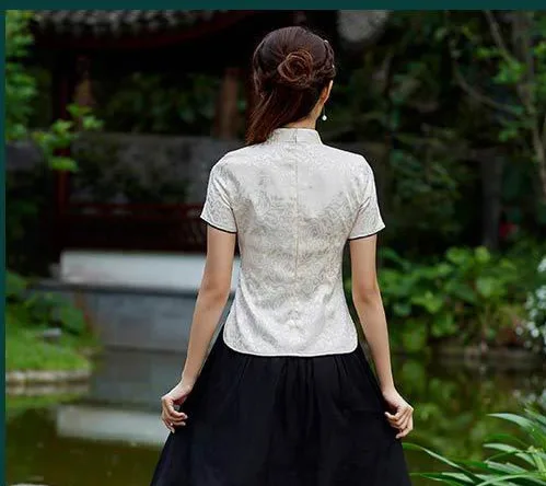 Sheng Coco, женские топы с вышивкой Феникса, китайские модифицированные рубашки Cheongsam, топы, летние жаккардовые хлопковые литературные Рубашки, Топы синего цвета