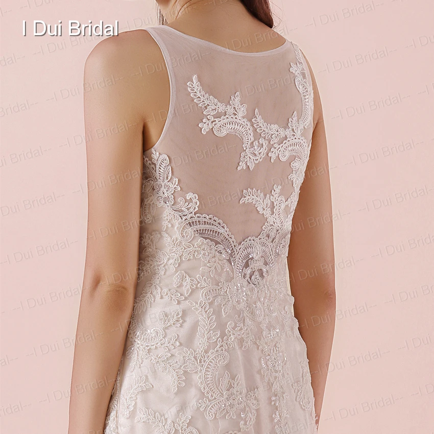 Illusion Back Sheath Wedding Dress Side Zipper Lace Appliqued New Bridal Gown