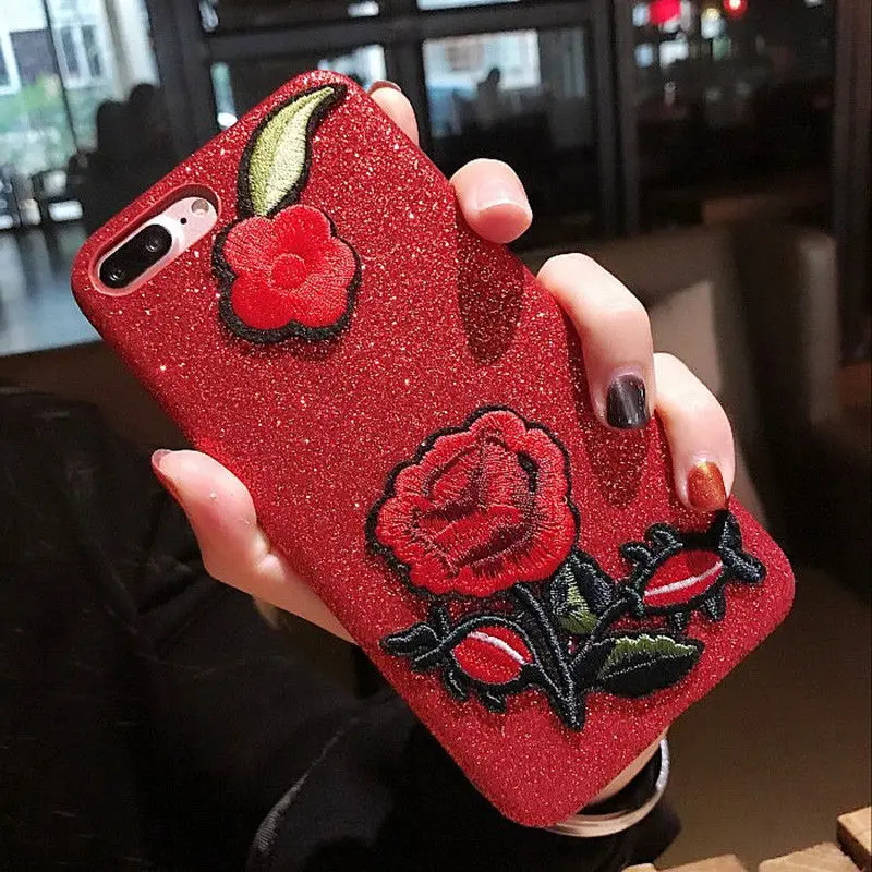 Вышивка розы чехол для iPhone 7 8 6 S плюс ручной работы 360 градусов роза с сияющими