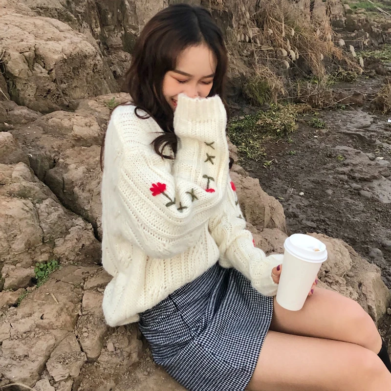 pull hiver femme 2018 fall wianter fashion harajuku long sleeve tops knitted Embroidery flowers chandail oversized sweater | Женская