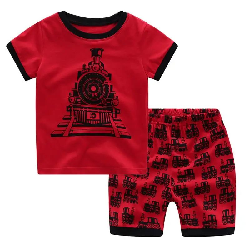 Красные пижамы с рисунком поезда для мальчиков летние короткими рукавами