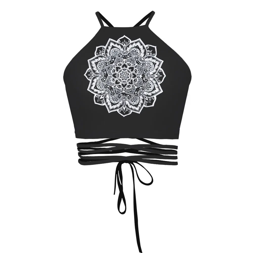 2019 summer women's funny print rose flowers ladies sexy casual strappy halter bandage midriff crop camis tops for girls sun-top | Женская