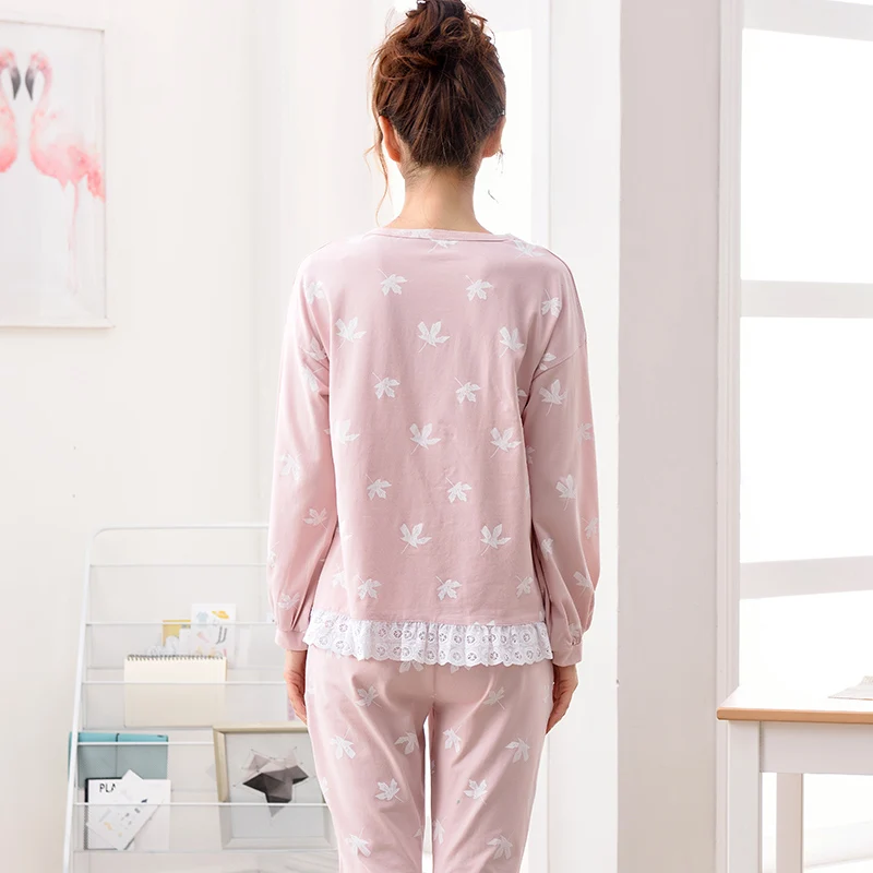 

Autumn 100%Cotton Floral Lace Women's Long Sleeve Pajamas Set Warm Leisure Elegant Loose Big Size M-XXL Female Sleepwear Pyjamas