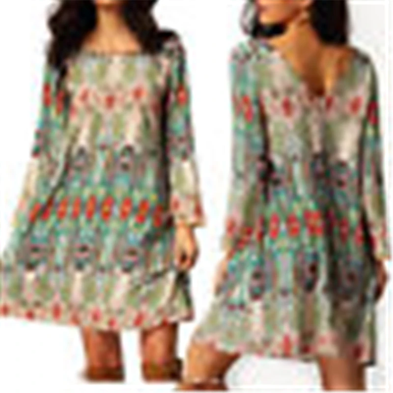 Для женщин Длинные рукава свободные комфорт платье цветочный Boho шифон Вечеринка