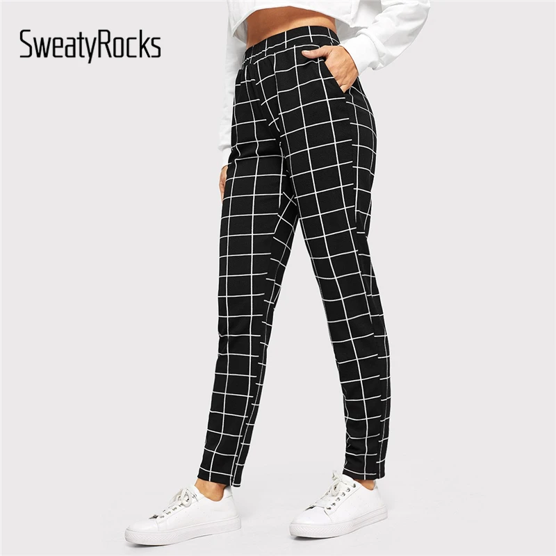 SweatyRocks, черные штаны-сигареты с эластичной резинкой на талии в тонкую полоску, повседневные женские длинные брюки,, осенняя рабочая одежда, женские штаны с морковкой