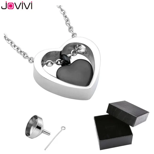 1 Set JOVIVI Нержавеющая сталь двойной урна в виде сердца кулон ожерелье кремационные украшения для хранения пепла на память с наполнителем набор и подарочная коробка - Окраска металла: 1 Set