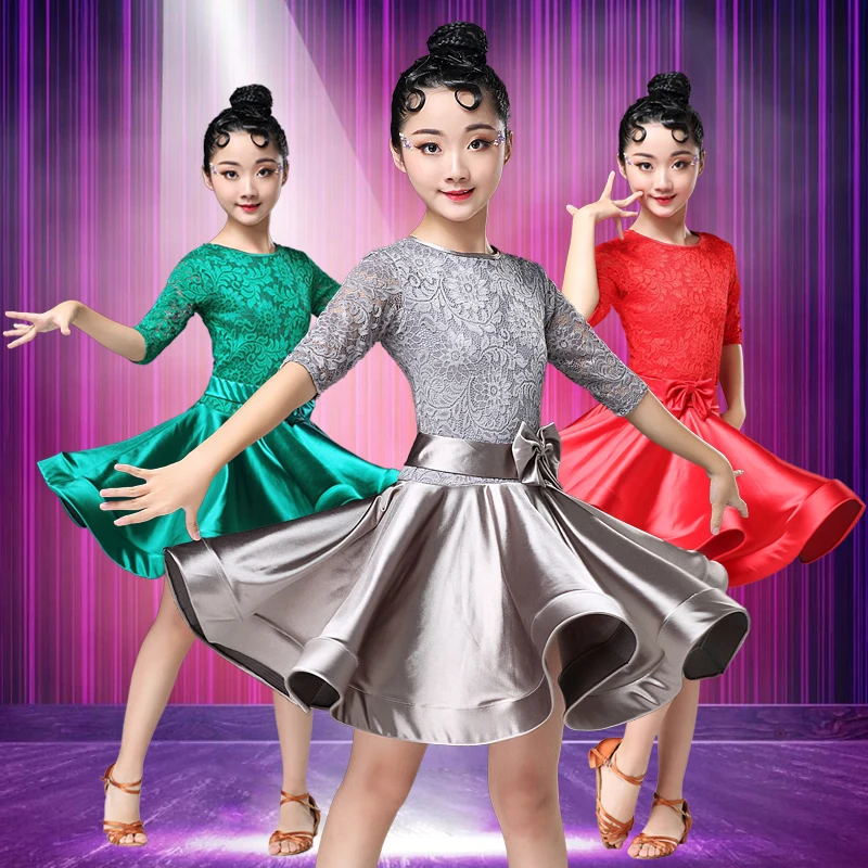 

Latin Dance Dress For Girls Long Sleeve Lace Standard Ballroom Dancing Dresses For Kids Performance Wear Salsa Clothes