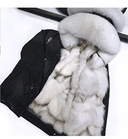 black coat white fur Зимняя куртка, пальто, женская белая джинсовая куртка с дырками, настоящий большой воротник из лисьего меха, с капюшоном, с подкладкой из кроличьего меха, свободная куртка, Корейская Новинка - Цвет: black coat white fur