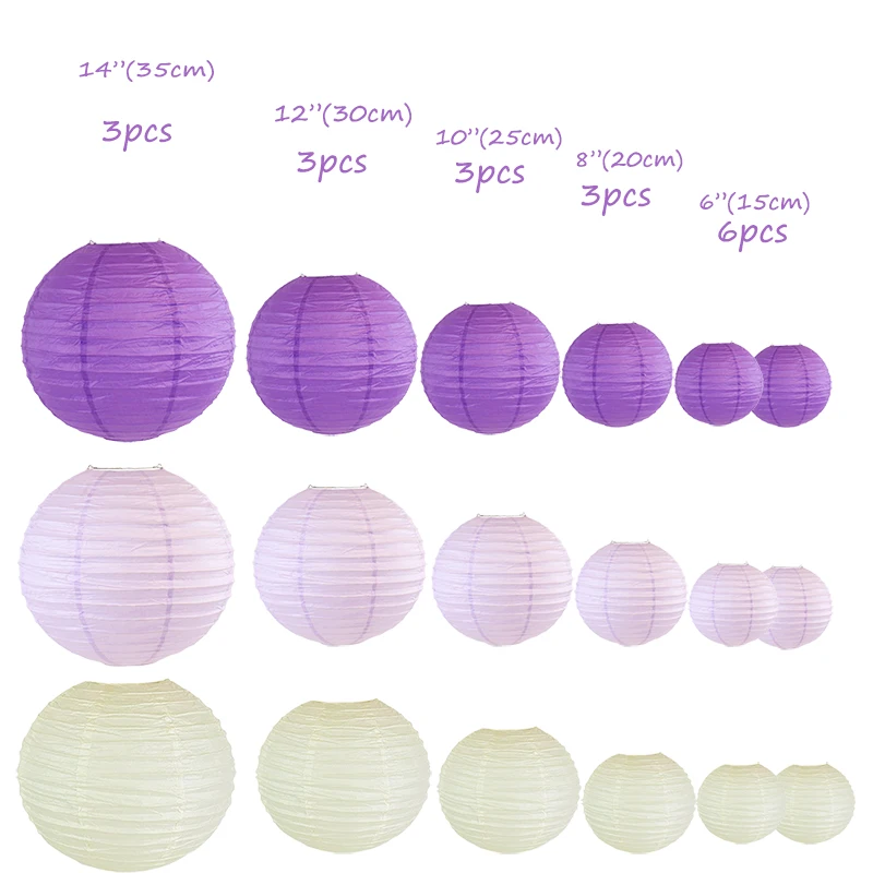 18 Pcs/Set 6&quot-14&quot Chinese Paper Lantern boule chinoise Assorted Sizes Purple Beige lampion papier for Wedding Hanging Decor | Дом и