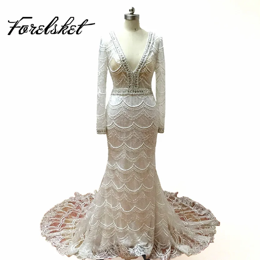 

Embroidery Lace Mermaid Wedding Dresses 2020 платье свадебное Long Sleeve White bride dress Deep V Neck robe de mariage gelinlik