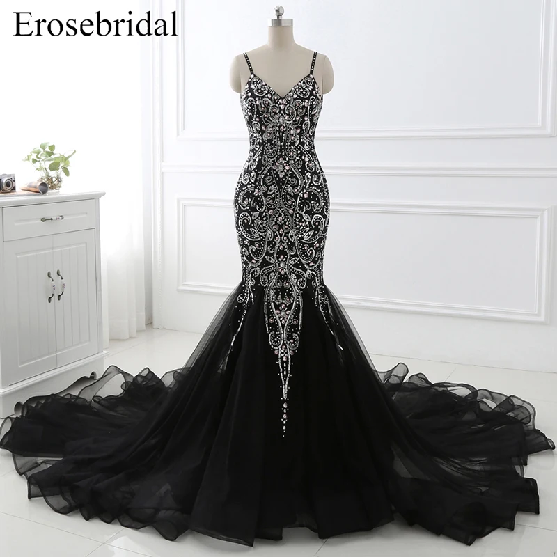 Черное сексуальное вечернее платье с v образным вырезом и длинным шлейфом бретелька Русалка открытой спиной