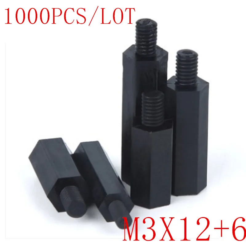 

1000Pcs nylon standoff male to female M3*12+6 Black Hex Nylon Standoff Spacer Column Nylon Plastic Spacing