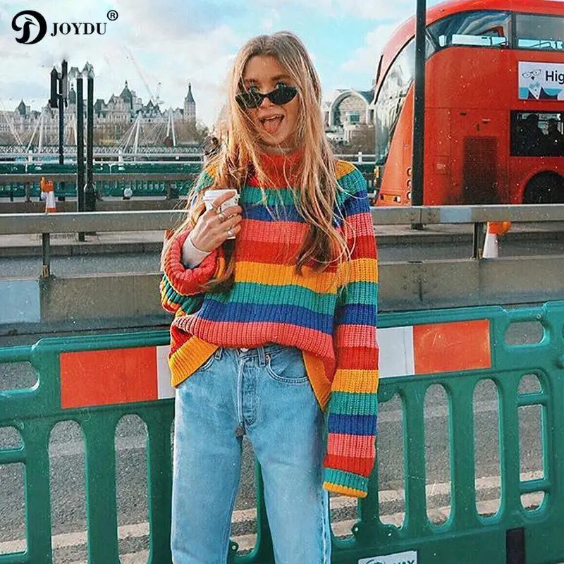 JOYDU pull femme 2018 новый модный Радужный полосатый водолазка оверсайз зимний свитер