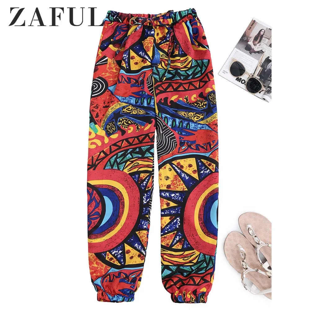ZAFUL Граффити Принт Конические Пляжные Штаны Женские Брюки Средние Талии