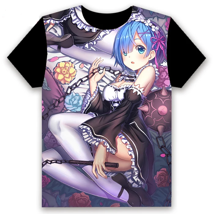 Fashion Men's T-shirt Anime Re:Zero kara Hajimeru Isekai Seikatsu Rem Ram Short Sleeve Student Casual Black Tee Tops Customize | Мужская