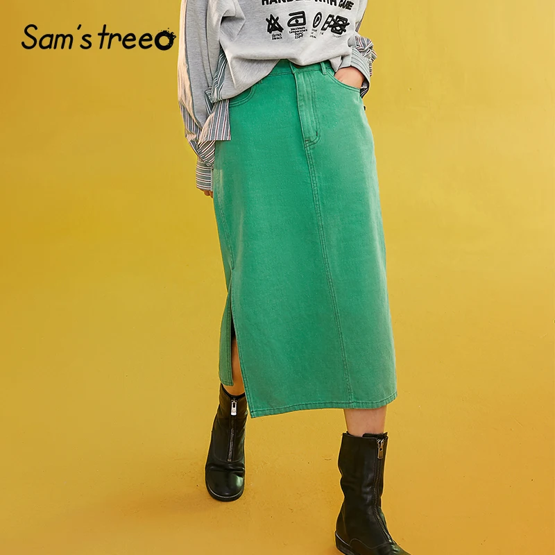 Sams Tree, женские джинсовые юбки, лето, винтажные, одноцветные, прямые, для офиса, для девушек, длинная юбка-карандаш, до середины икры, для женщин, с высокой талией, низ