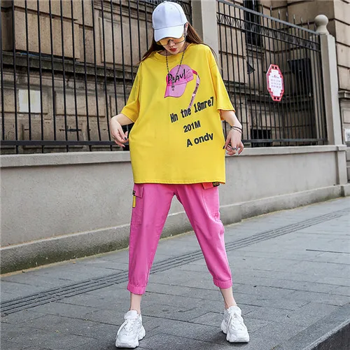picture color CBAFU Модный летний женский костюм Свободная футболка с буквенным принтом штаны в стиле хип-хоп костюм женский комплект 2 шт. спортивный стиль D916 - Цвет: picture color