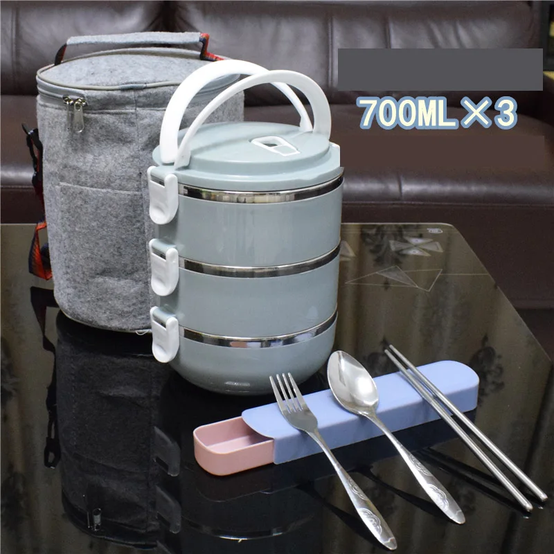 Blue 3 Layer-Bag Японский стиль Ланчбокс термо нержавеющая сталь пластик круглый взрослых леди детское питание контейнер Многофункциональная портативная коробка для бенто набор - Color: Blue 3 Layer-Bag