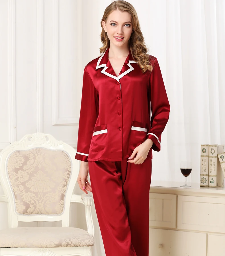 silk pajamas for women 2019 Woman Long sleeve Solid red blue 100% silk Satin Pyjamas sets Sleepwear Woman's Lounge Pajama Set