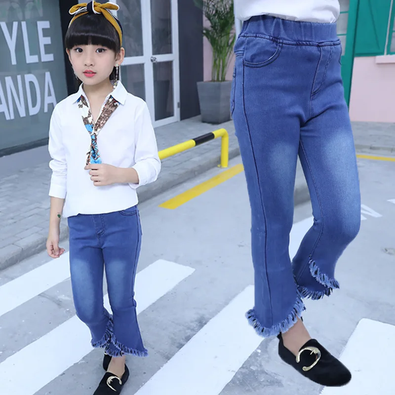 Брюки для девочек весна осень 2019 новые детские штаны джинсовые расклешенные