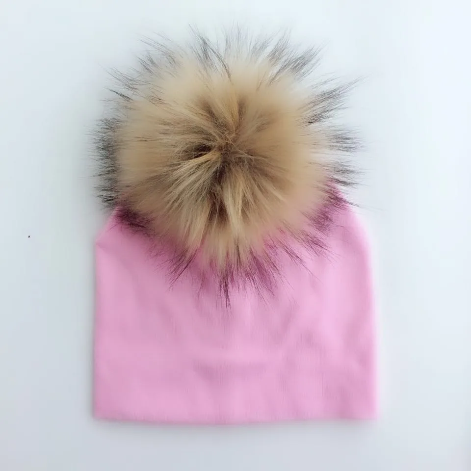 pink Ребенок малыш Дети Девочки Мальчик теплая шапка зимняя шапочка вязаная бини младенческой хлопок Красочные енота искусственный мех помпон шапка - Цвет: pink