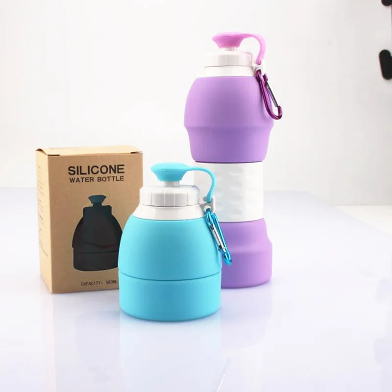 

New 580ml Silicone Folding Sports Teacups With Aluminum Hooks Portable Foldable Outdoor Travel Water Storage Kettles