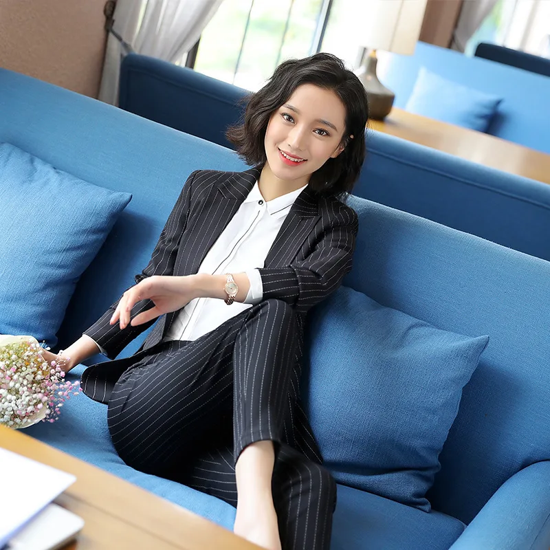 IZICFLY Black Gray Striped Female Suit Uniform Designs Trouser with Blazer Women Elegant Slim Business Pantsuit Office Wear