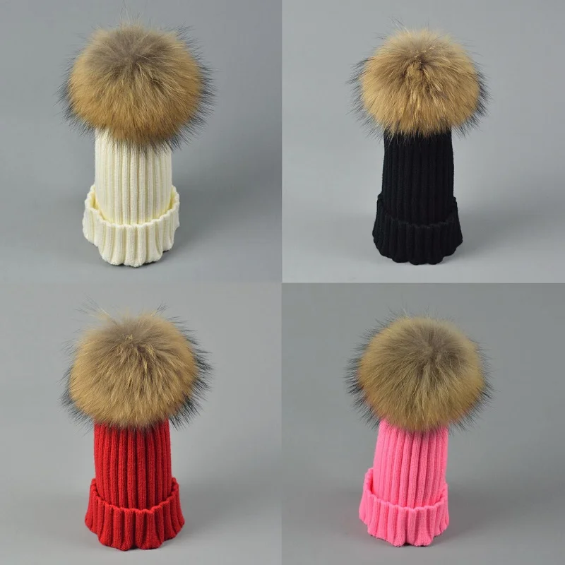 2019 детская шапка шарик из меха енота зимняя шапки для девочек и мальчиков зимние