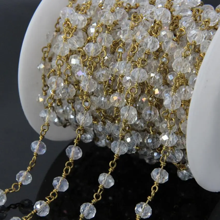 

5Meters Rainbow titanium clear Crystal Glass Bead Chains,Faceted Rondelle Brass Wire Wrapped Rosary style Chains loop Necklaces