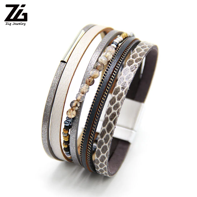 ZG натуральный камень женский кожаный браслет Pulseira многослойный браслет с магнитной пряжкой Женская мода - Окраска металла: grey