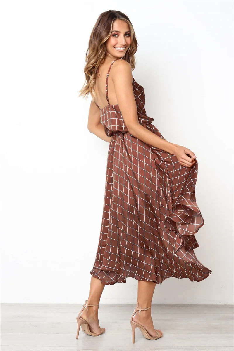 2019 Fashion Women Dress Summer Plaid Laced Sexy V-neck Halter Irregular Sleeveless Bohemian Mid Calf Female Beach Dresses | Женская