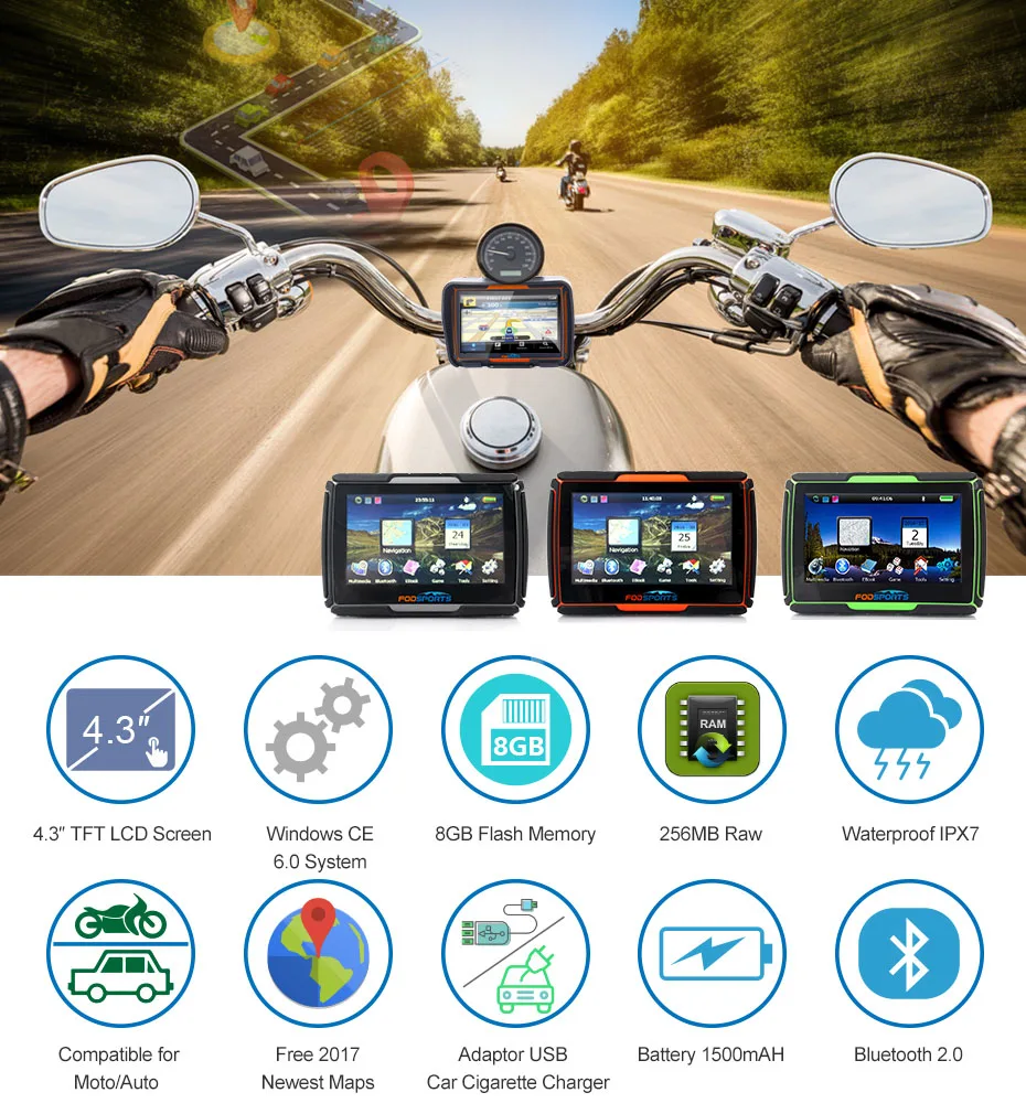 Fodsports 4 3 дюймов мотоциклетная навигация 8 Гб 256RAM IPX7 водонепроницаемый мото GPS