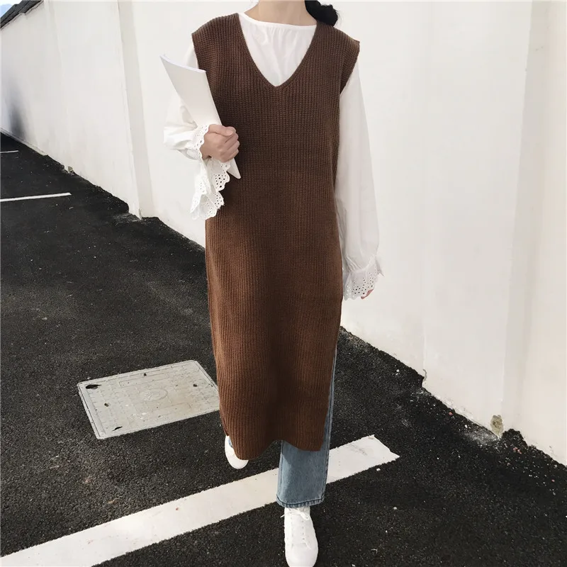 RUGOD 2017 New Winter Sweater Women Sleeveless Knitted Vest Solid Casual V-neck Long Length Slit On The One Side | Красота и здоровье