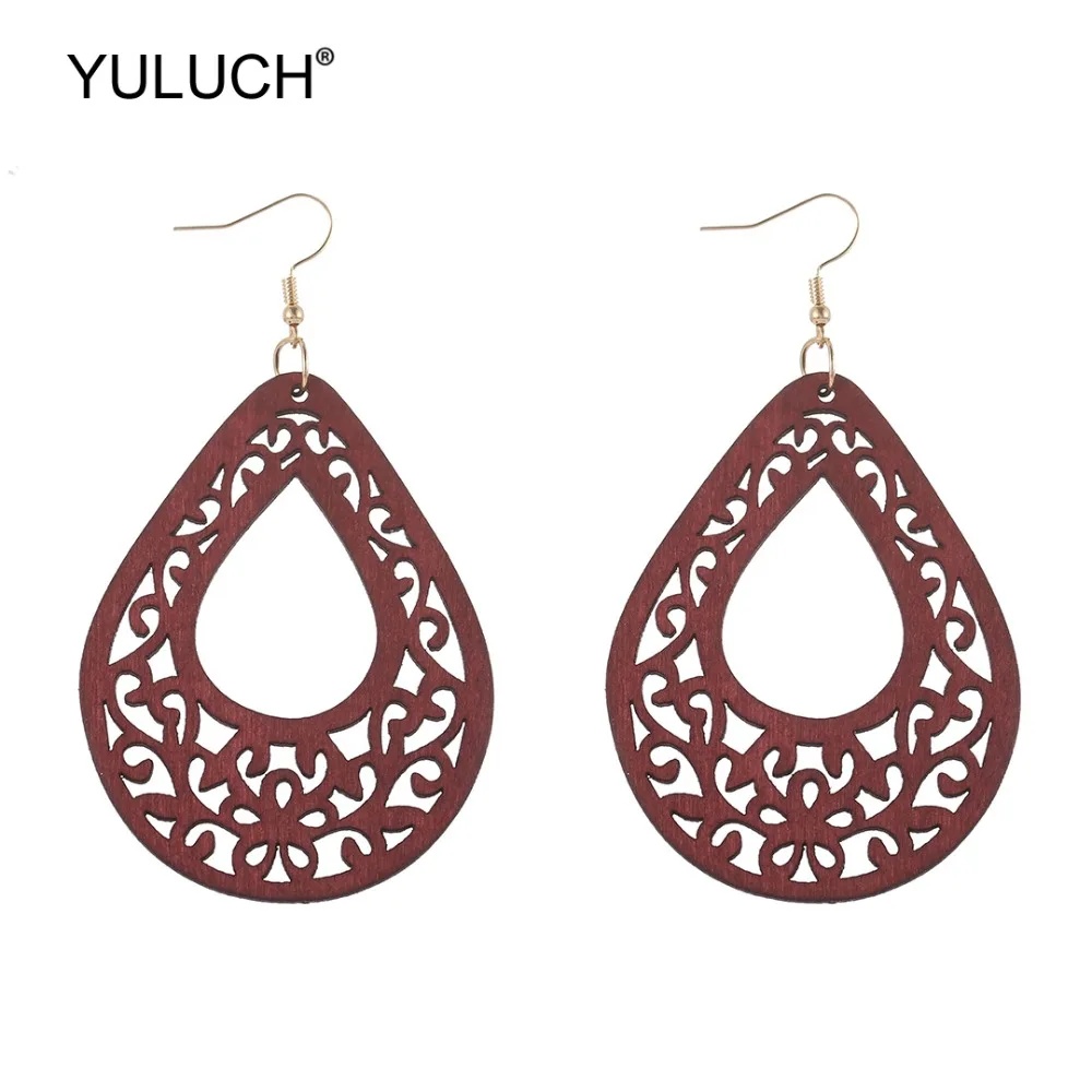 YULUCH 2019 модные 4 цвета деревянные полые цветочные висячие серьги этнические