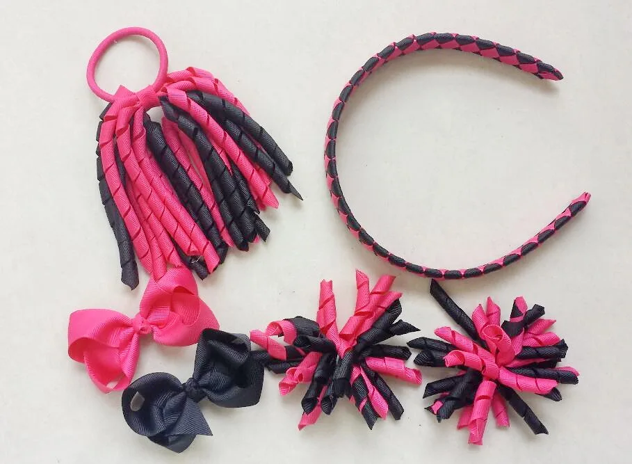 6pcs/set girl hair hoop accessories korker Ponytail streamers woven headbands ties bows clips curly ribbon corker PD026 | Детская одежда