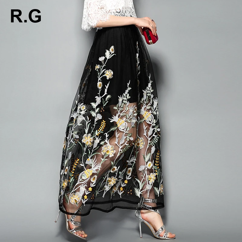 

RG Bohemian Maxi Beach Skirts Womens Summer New 2018 Elegant Print Floral Embroidery Lady Long Grenadine Lace Skirt