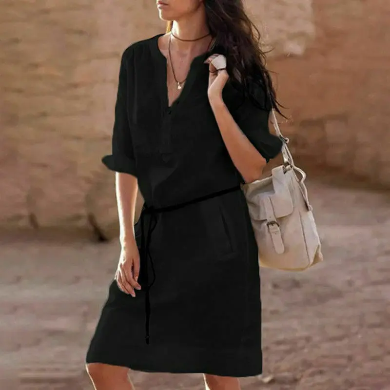 

Casual Women Cotton Shirt Dress Summer Turn-down Collar Loose Party Dresses Long Sleeve Solid Mini Dress Vestidos
