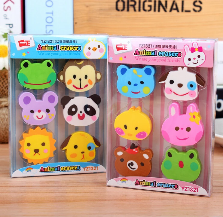 6 шт./лот резиновые ластики Kawaii Zoo Детские Подарочные принадлежности канцелярские